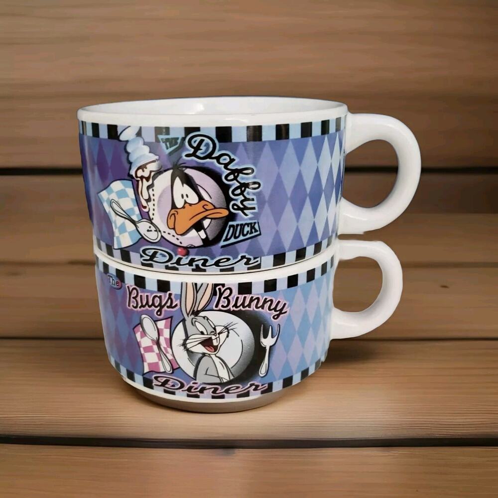 Vintage 1998 Looney Tunes Souper Bowl Mugs Bugs Bunny Daffy Duck Diner Theme